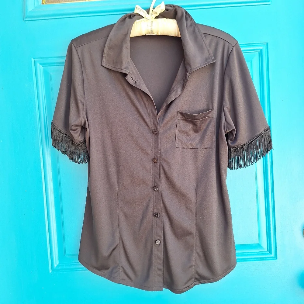 Vintage Blouse Fringe Sleeves Button Down Fitted Top Exagerated Flowy Trim M - Picture 10 of 17